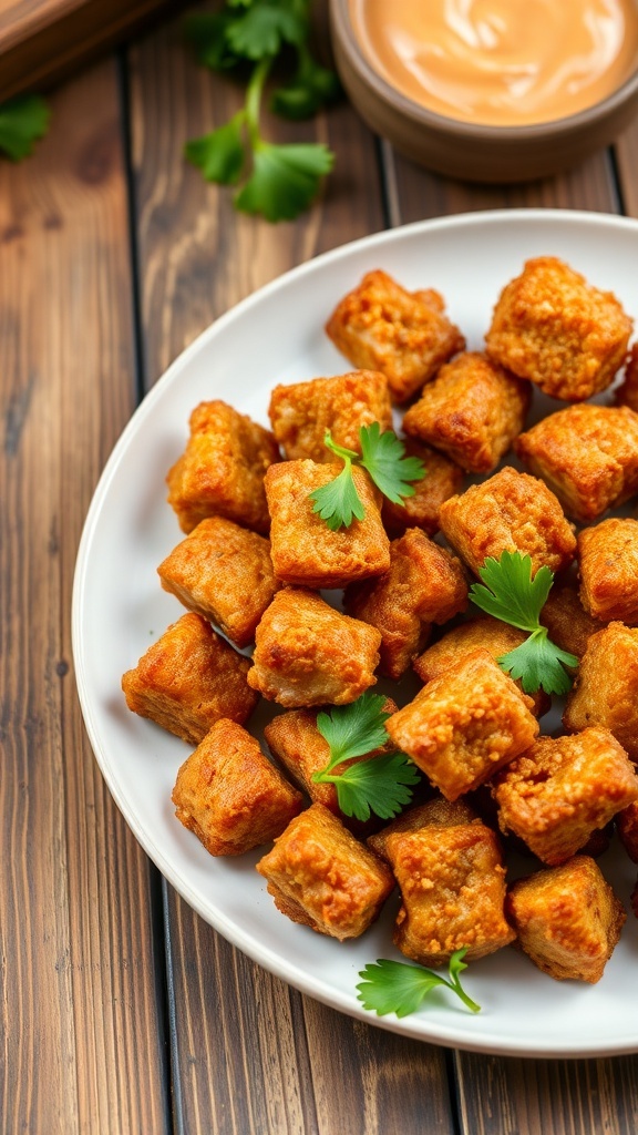 Crispy golden pork chunks garnished with parsley on a rustic plate.